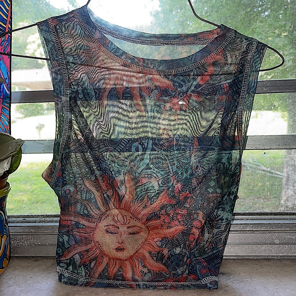 see through, crop top, with sun designs